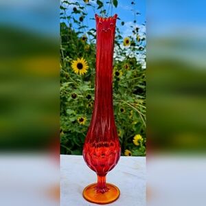Vintage Fenton Amberina Red Carnival Swung Art Glass Vase Ruffle Bud Thumbprint